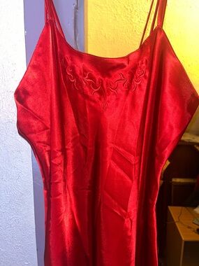 Vintage Red Satin Slip Dress with Embroidered Yoke